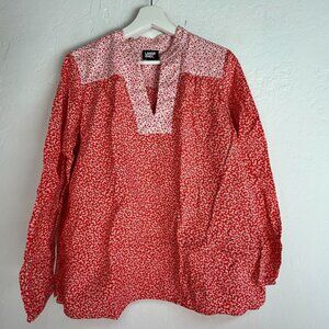 Lands' End Women's Split Neck Floral Cotton Poplin Peasant Shirt Top Red/White